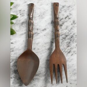 Carved Wooden Fork & Spoon Wall Decor Lg 19 “ Tiki Totem Boho Retro VTG